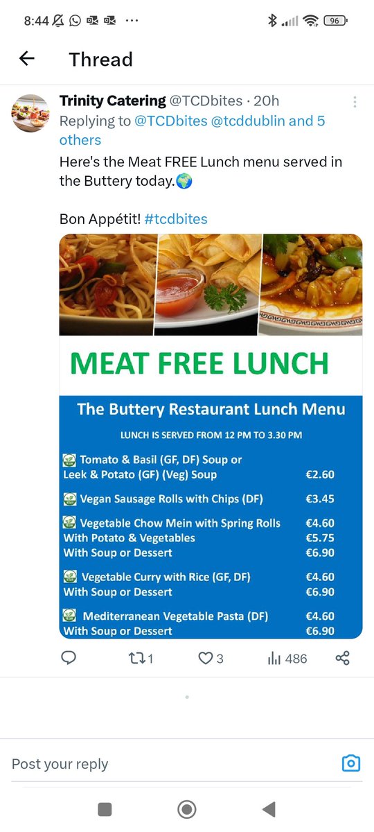 dianejmasterson's tweet photo. Meat is off the menu in TCD this week🤔

How much of the food is imported/frozen? Maybe a focus on backing Irish horticulture by highlighting seasonality, sensible portions &amp; reducing food waste, would be better than a lazy view that meat is bad.

Ps. Is methane from rice, ok? 🫢 https://t.co/3eZLIc8cGJ