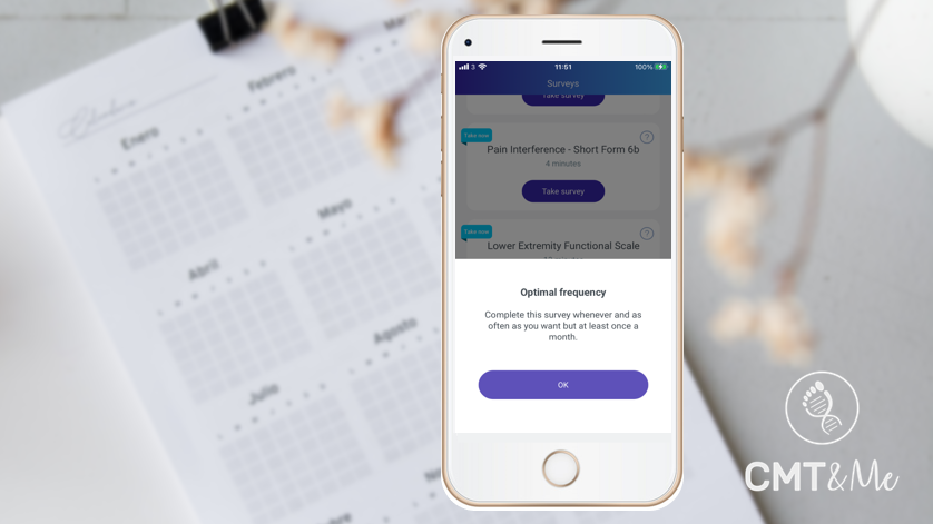 The optimal frequency for completing many of the surveys is at least once a month. Have you done any yet this month? Why not complete one or two today? 

#CMTawarenessmonth 

<a href="/ecmtf/">ECMTF</a> <a href="/AssoCMTFrance/">CMT-France</a> <a href="/Federacion_ASEM/">Federación ASEM</a> <a href="/ACMT_Rete/">ACMT-Rete</a> <a href="/CMTUnitedKdom/">CMT United Kingdom</a> <a href="/CMTNeuropathy/">HereditaryNeuropathy</a> <a href="/cmtausa/">Charcot-Marie-Tooth Association</a>