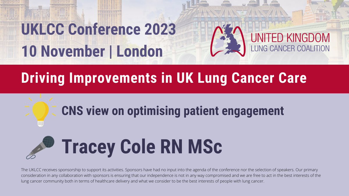 At the UKLCC Conference, we will explore the Cancer Nurse Specialist view on optimising patient engagement with Tracey Cole RN MSc. 💬 Register now for our multidisciplinary solutions-focused conference on the 10th November 🎟️ uklcc.org.uk/civicrm/event/… #CNS #LungCancerCare