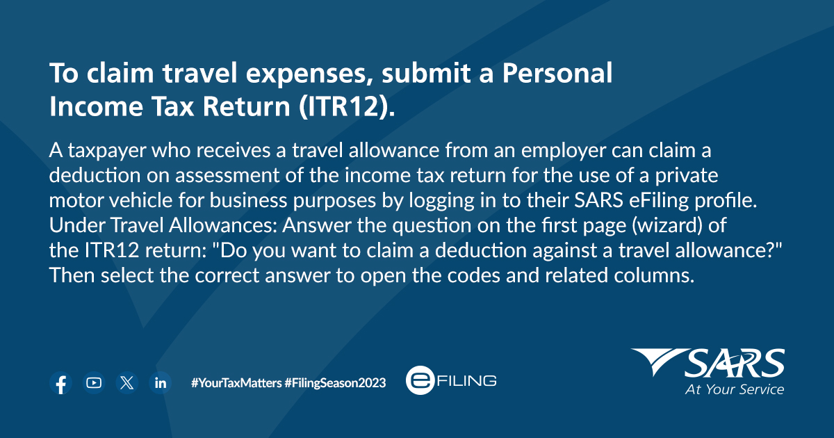 sarstax's tweet photo. How to claim for Travel Expenses
A taxpayer who receives a travel allowance from an employer can claim a deduction on assessment of the income tax return by logging in to their SARS eFiling profile.
https://t.co/1rtB2To5mg
#FilingSeason2023 #YourTaxMatters