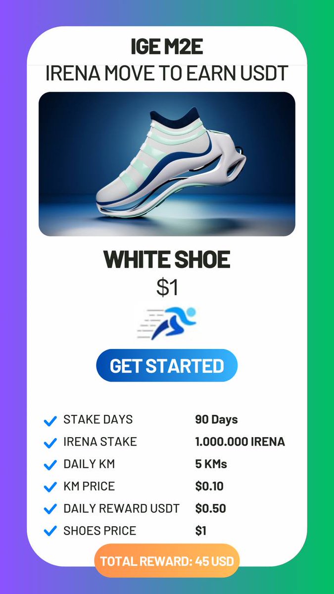 With $1 worth of white shoes, you will earn $45 in 90 days. 💰 You will withdraw your earnings daily. All you have to do is download the IGE App to your smartphone and stake 1 million irena coins. ☘️ Dear investor friends, IGE App and White Shoes will be available in a few…