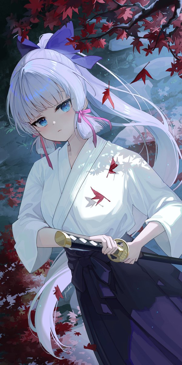 kamisato ayaka 1girl weapon japanese clothes sword solo blue eyes long hair  illustration images