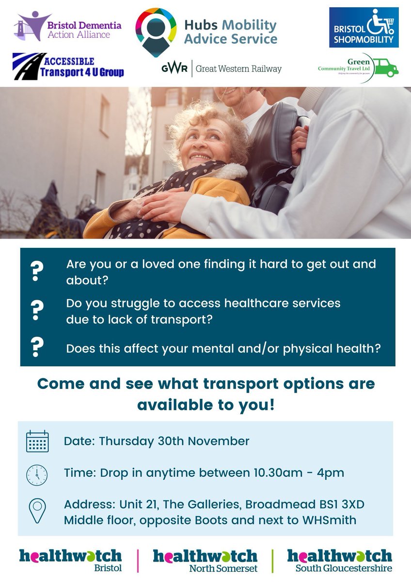 Are you struggling to access healthcare due to transport services? 

Find out more about an event to help you access transport on Thursday 30th November in the Galleries Bristol!

#nhs #healthcare #accessibletransport