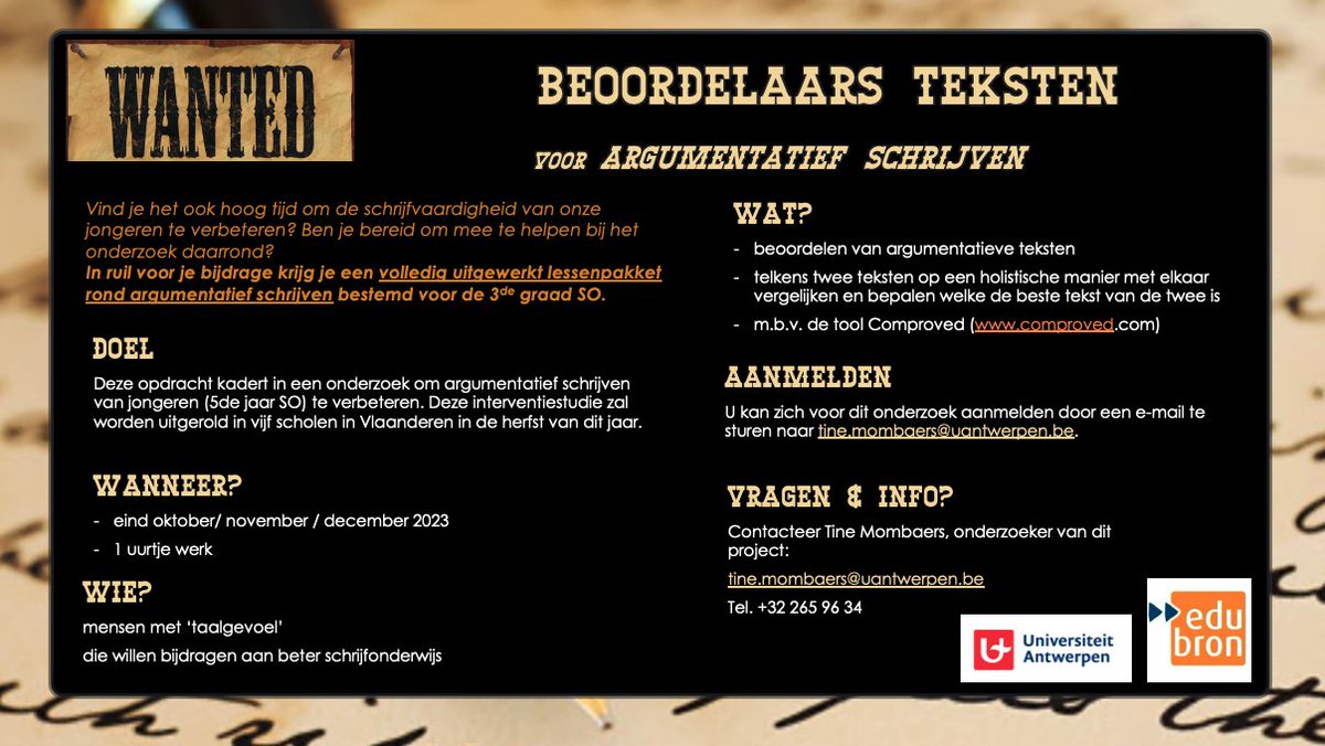 Wil je bijdragen aan een beter schrijfonderwijs? - Ik zoek mensen met taalgevoel voor de beoordelingen van argumentatieve teksten. - slechts één uurtje werk 🙏
<a href="/EdubronUA/">Edubron</a>
<a href="/RoosVanGasse/">Roos Van Gasse</a>
<a href="/svawa/">Sven De Maeyer</a>
<a href="/UAfsw/">UniversityAntwerpFSW</a>