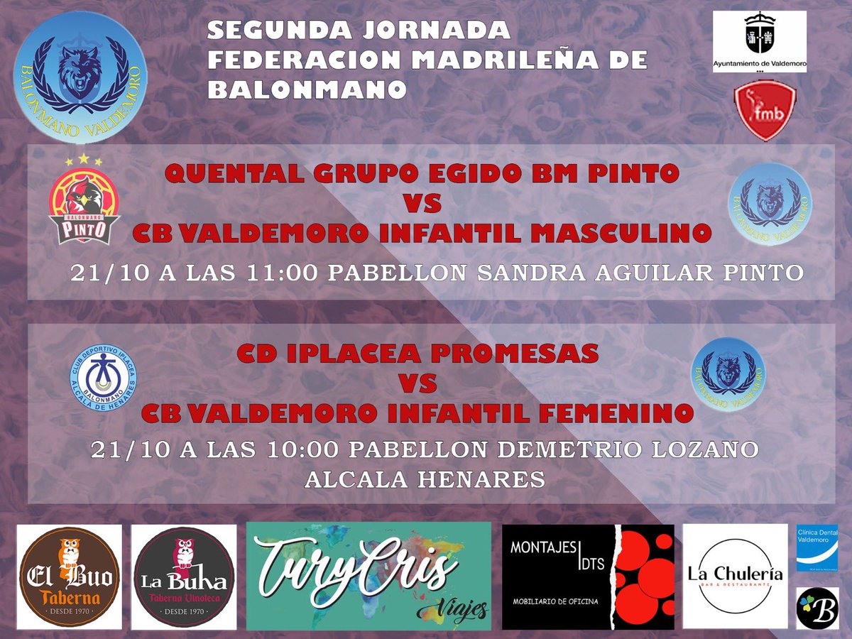 Nuestra segunda jornada competición autonómica 

@balonmanovaldemoro
@la_buha_valdemoro
@el_buo_valdemoro 
@tiendas_bonisimo_te_v_cafe
@clinicadentalvaldemoro1988
#balonmano #balonmanomadrid #valdemoro 
<a href="/balonmanopinto/">BM Pinto</a> 
<a href="/CDIplacea/">CD IPLACEA</a> 
<a href="/fedmadridbm/">Fed. Madrileña BM.</a> 
<a href="/ViajesTuryCris/">Viajes TuryCris</a>