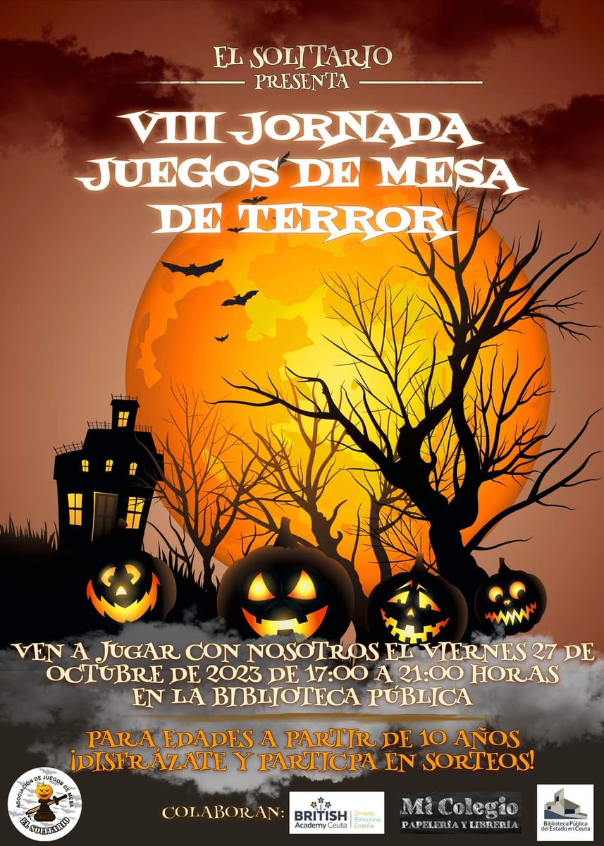 Se acerca una de nuestras fechas del año favoritas, ¡Halloween! 🎃, y es por eso que anunciamos una nueva jornada de Juegos de Mesa de Terror. Será el viernes de la semana que viene en la Biblioteca de Ceuta, desde las 5 hasta las 9 de la noche. ¡Os esperamos!