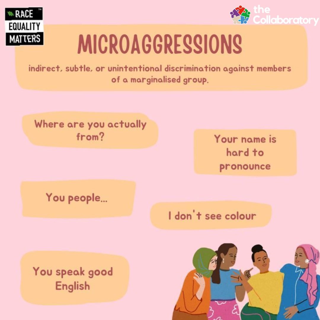 What is a microaggression? 💭
➡️ An indirect, subtle, or unintentional discrimination against marginalised group members.
Follow The Collaboratory today to find out more.
#ActionNotJustWords #Microaggressions #RaceEqualityMatters #TheCollboratory