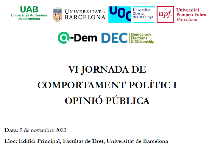 📢Ja tenim el programa de la VI Jornada de Comportament Polític i Opinió Pública @Dret_UB! Vine a conèixer la recerca i la comunitat treballant en comportament polític a Barcelona. 📅9/11/2023 9:30 - 18.00 👉drive.google.com/file/d/1zSVhHo…