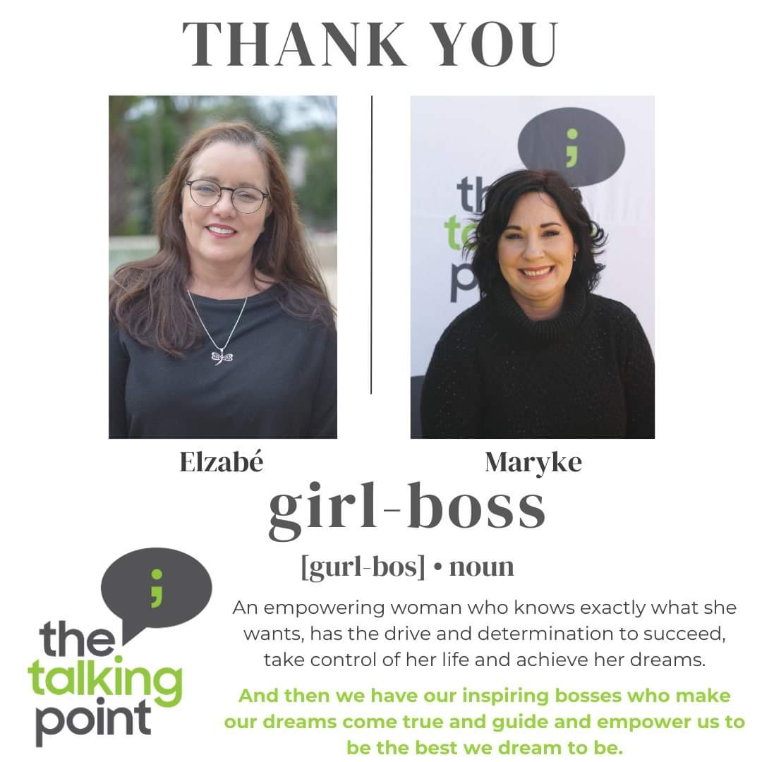 Happy Bosses Day to these two incredible women in our company, Elzabé and Maryke! Your leadership has been truly inspirational. 🙌✨Thank you.

#letstalk #thetalkingpoint #neverstoptalking #mentalhealthmatters #workplacewellness #girlboss #leadershipskills #bossesday