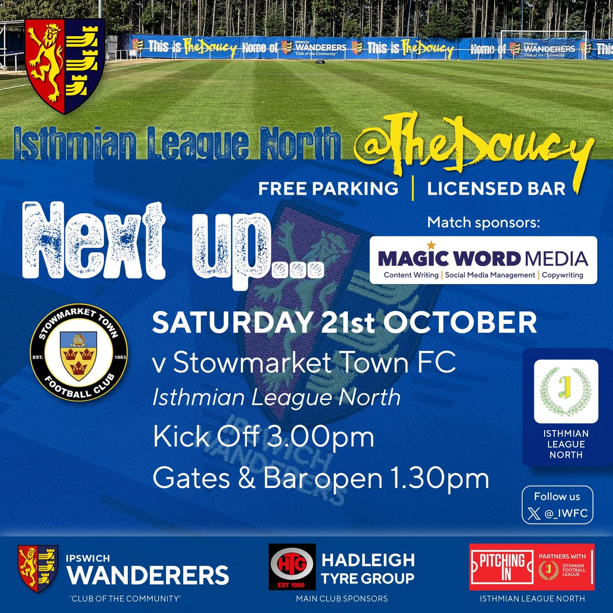 NEXT UP: <a href="/_iwfc/">Ipswich Wanderers FC</a> v <a href="/stowtownfc/">Stowmarket Town FC</a>
#IsthmianLeague North
Sat 21 Oct 3pm 
Entry £10/£7/£3
Printed progs - £2.50
50/50 tickets
Hot food available
Cash/card
Match sponsor: <a href="/magicwordmedia/">Magic Word Media</a>

#nonleague #Nonleaguefootball #printedprogrammes #groundhopping <a href="/NonLeagueCrowd/">Non League Crowds</a> <a href="/GroundhopperUK/">Football Grounds and Groundhopping</a>