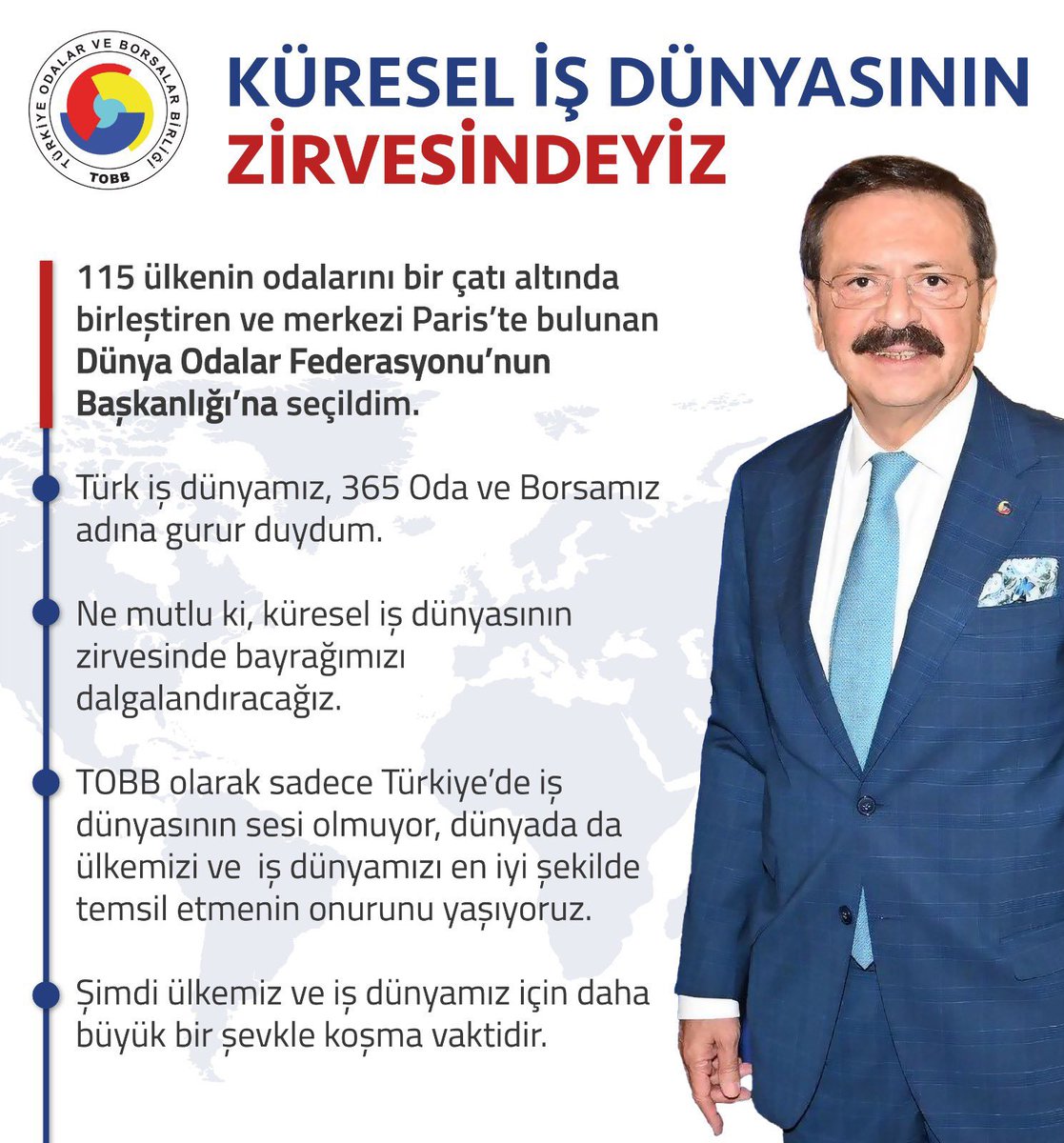 115 ülkenin odalarının çatı kuruluşu olan Dünya Odalar Federasyonu (World Chamber Federation-WCF) ’nun Başkanı seçilen #TOBB Başkanımız Sn. @RHisarciklioglu ‘nu kutlarım.

Türk iş dünyasını küresel iş dünyasının zirvesinde başarıyla temsil edeceğine yürekten inanıyorum.