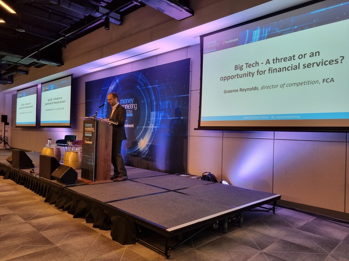 KateyPigden's tweet photo. Kicking off @_moneymarketing interactive in London #MMInteractive23 is director of competition @TheFCA Graeme Reynolds with a talk on big tech https://t.co/luktKQ225n