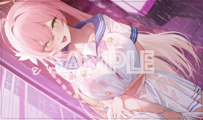 SC2023autumn/エアサンクリ 新作発表⑩ハナコ(学生服) の スリーブ(一部が光ってます) や プレイマット になります!イラストレーターは 一慧()様です。 