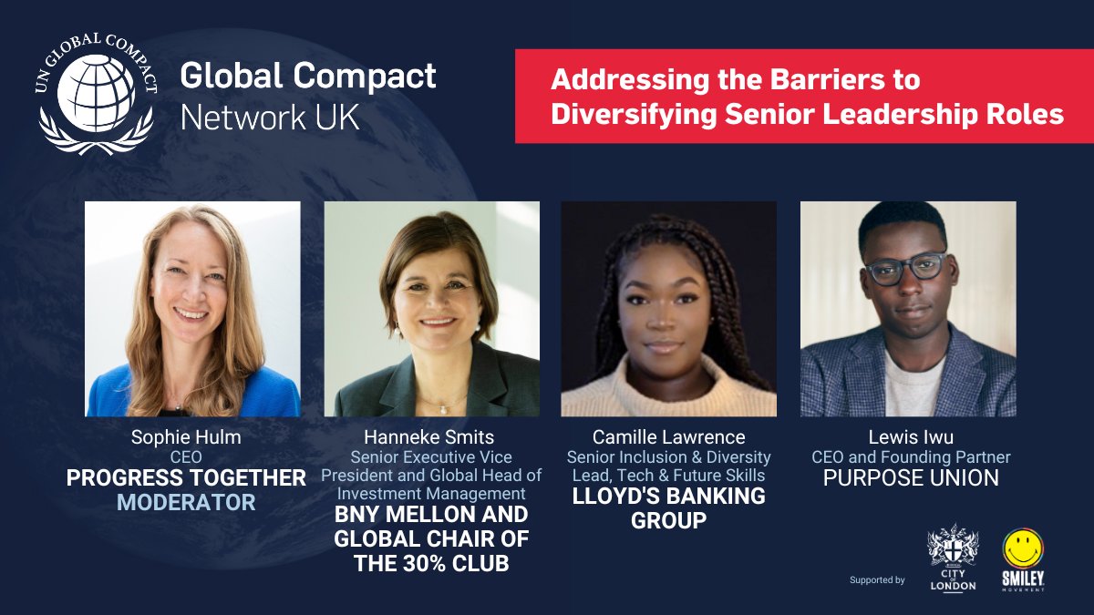 We kick off day two with a panel on addressing the barriers to diversifying senior leadership. Join us to hear how @ProgressTogethr, @BNYMellon, @LBGplc, and @purpose_union are promoting diversity in leadership. Watch here: bit.ly/UNGCUKSummitOn… #DEI #UNGCUKSummit23