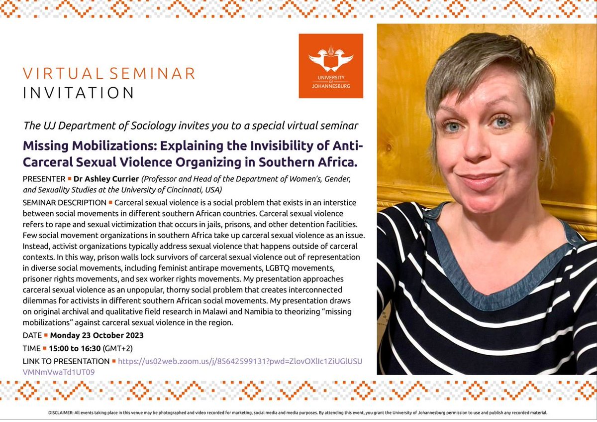 uj_sociology's tweet photo. Coming this Monday! a special, virtual seminar series discussing Anti-carceral sexual violence in southern Africa. https://t.co/HxZ1EPnZBy