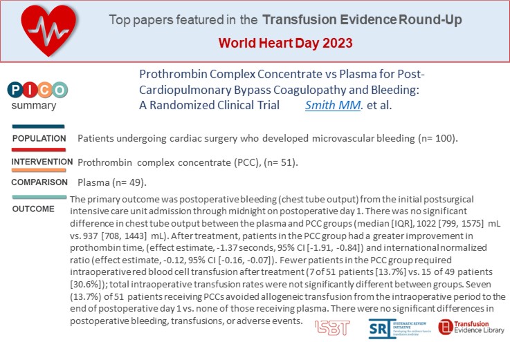 TransfusionLib's tweet photo. From the #Transfusion Evidence Round-Up #WorldHeartDay 2023:

#ProthrombinComplexConcentrate vs Plasma for Post-Cardiopulmonary Bypass Coagulopathy and Bleeding: A Randomized Clinical Trial
by Smith et al.
https://t.co/g4ljG7Jkbq https://t.co/hwdySrj1aY