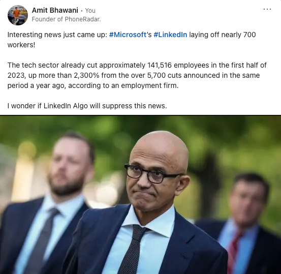 amitbhawani's tweet photo. Posted on #Linkedin after years about #Layoffs happening at #Microsoft @LinkedIn
 
Wondering if #linkedinlayoffs news will be suppressed by their algo or given the same treatment (hype) as other news? 😅

Link - https://t.co/uGFhqhoYjJ https://t.co/EjNtd1ZhuC