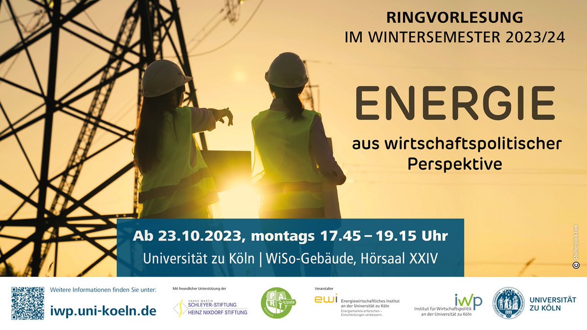 Ab Montag, dem 23.10.2023 📅startet unsere Ringvorlesung zum Thema "#Energie aus wirtschaftspolitischer Perspektive" ⚡️, die wir gemeinsam mit dem <a href="/ewi_koeln/">EWI</a> organisieren. Wir freuen uns schon sehr auf viele spannende Vorträge und Diskussionen! 📢#wirtschaftspolitik