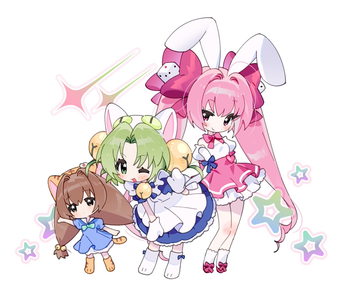 usada hikaru multiple girls 3girls animal ears pink hair rabbit ears green hair one eye closed  illustration images