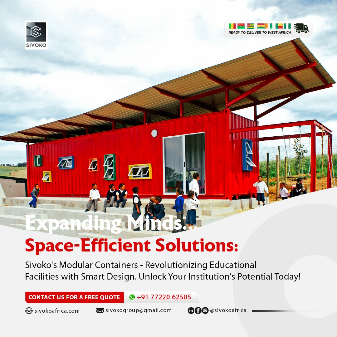 arena_fm1's tweet image. 📚 Expand your institution's horizons with Sivoko's Modular Containers! 🏫
Unlock space-efficient, smart design for your educational facilities.

Contact us for a FREE quote. 🌟

Whatsapp us: +91 77220 62505
Email us: sivokogroup@gmail.com

#modularcontainers #sivokoafrica