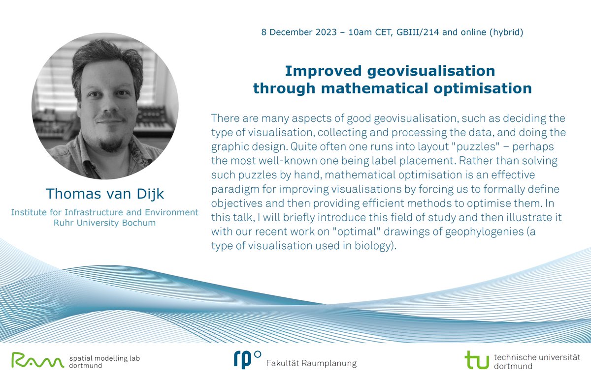 Time for another RAM Colloquium!  

Thomas van Dijk (<a href="/tvdmaps/">Thomas van Dijk</a>) will discuss how to improve geovisualisation through mathematical optimisation. The full abstract is in the image below.  

Fr, 8 December, 10am CET
Hybrid (GBIII/214 and on Zoom)
Registration: forms.gle/DyVAethew9g349…