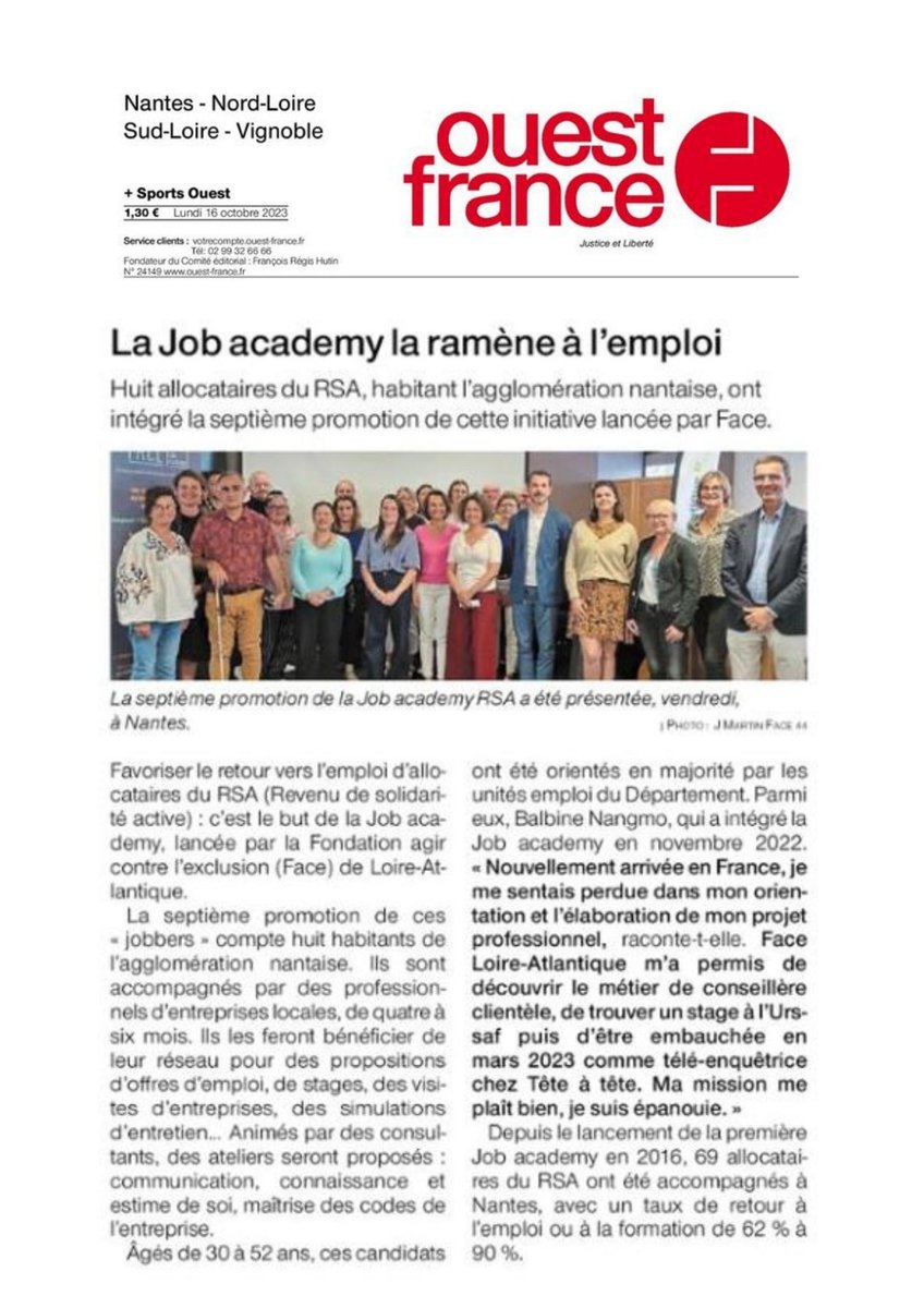 Avec la Job academy, ils retrouvent le chemin de l’emploi à #Nantes Merci à <a href="/OuestFrance44/">Ouest-France 44</a> pour l'article sur la job academy de <a href="/FondationFACE44/">FACE 44</a> avec <a href="/loireatlantique/">Loire-Atlantique</a> 
ouest-france.fr/pays-de-la-loi…