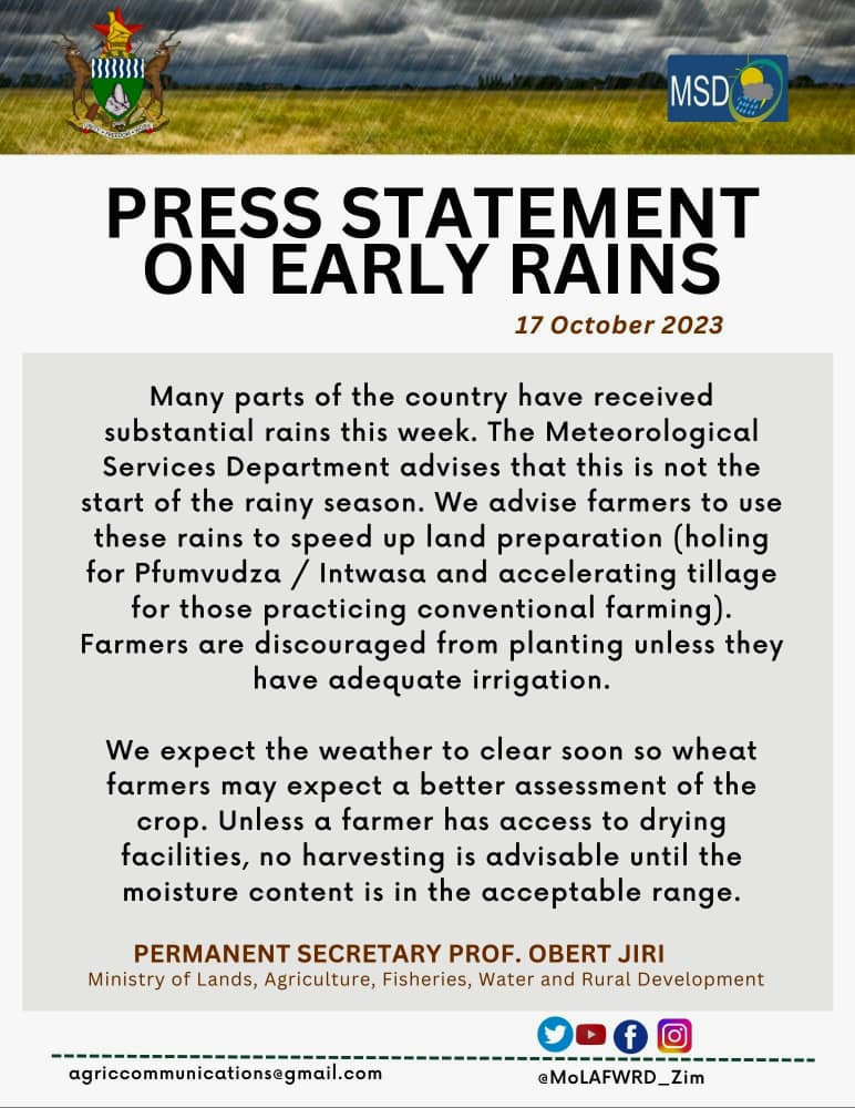 EARLY RAINS: PRESS STATEMENT by PS Prof. @obertjiri, warning ⚠️ against Planting except for farms with adequate Irrigation. @VPHaritatos @BarbraMutepfa @AgritexS