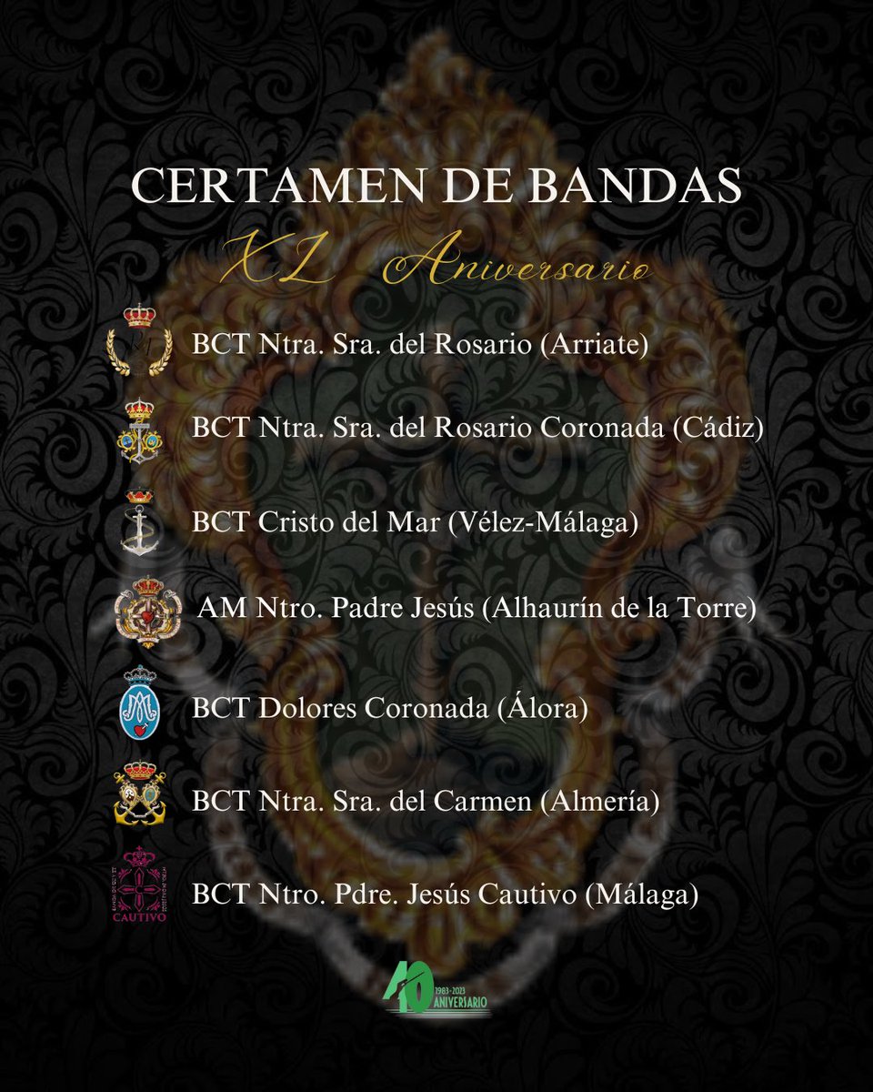 📆 El 4 de Noviembre tendremos el honor de participar en el certamen organizado por la <a href="/BCT_veracruz/">BCT Vera+Cruz</a> con motivo de su 40 Aniversario.

🎟️ La entrada tendrá un precio de 5€ (con consumición).

🕒 Apertura de acceso: 12:00h.

📍Recinto Ferial de Almogía (Málaga).