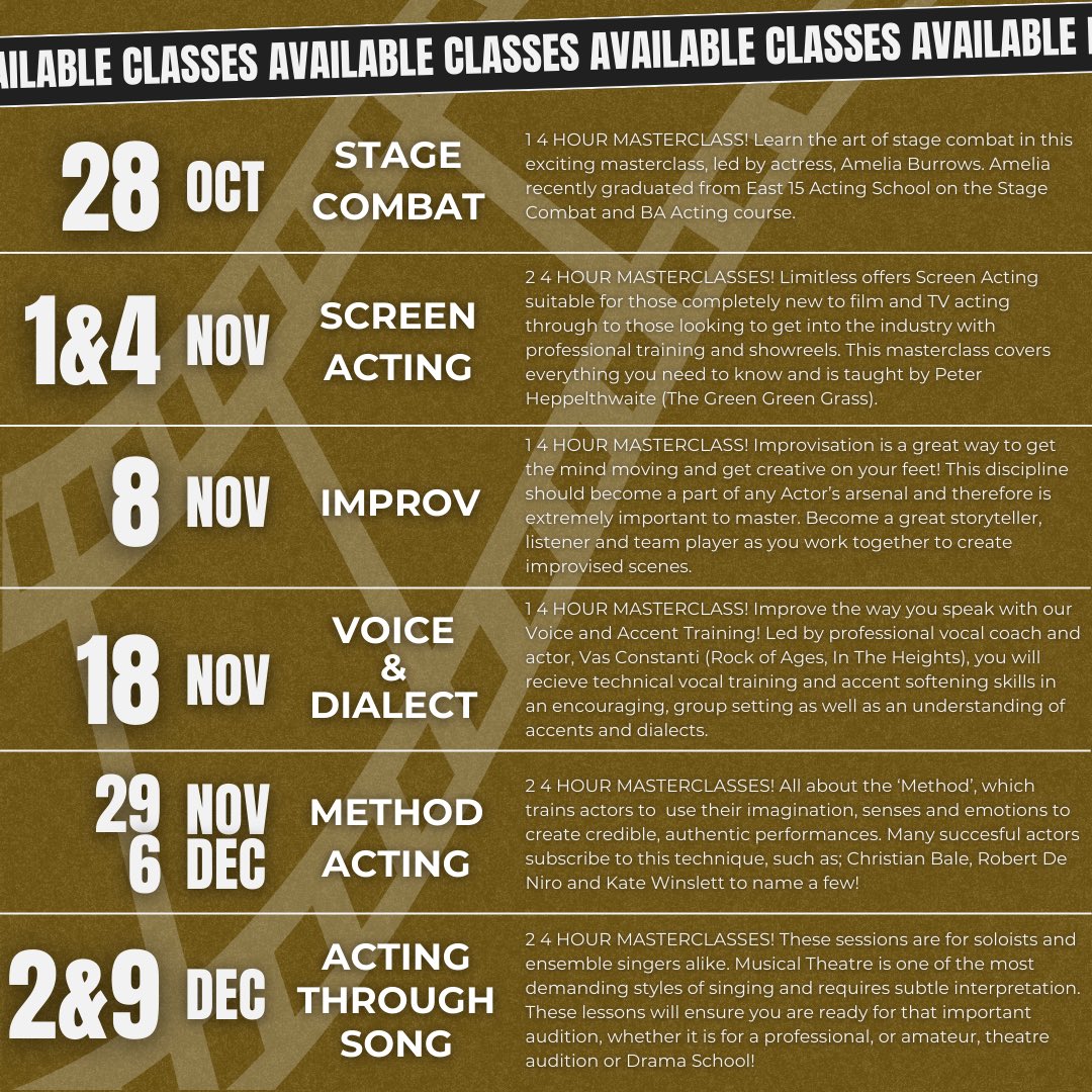 INTRODUCING...Limitless Masterclasses! 🎬

These masterclasses are the best way to advance your skills in specific areas with tutors who are industry professionals! shorturl.at/acdnX

Follow us on <a href="/LimitlessMCLASS/">Limitless Masterclasses</a> 

#screenacting #actingmasterclass #hertfordshire #royston