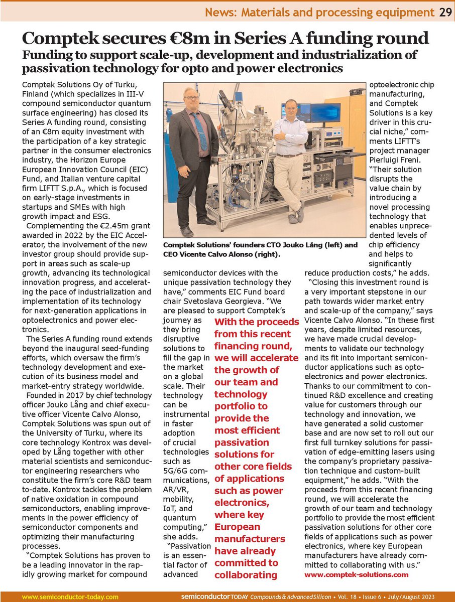 comptek_s's tweet photo. We are delighted to be showcased with a full-page spotlight in @Semiconductor_T magazine, a leading journal in the #compoundsemiconductor and advanced silicon industries. Thanks for featuring @comptek_s' recent #investment achievement 👉 :
https://t.co/NT2OTrW4rL
#milestone https://t.co/OXPUbT43PW