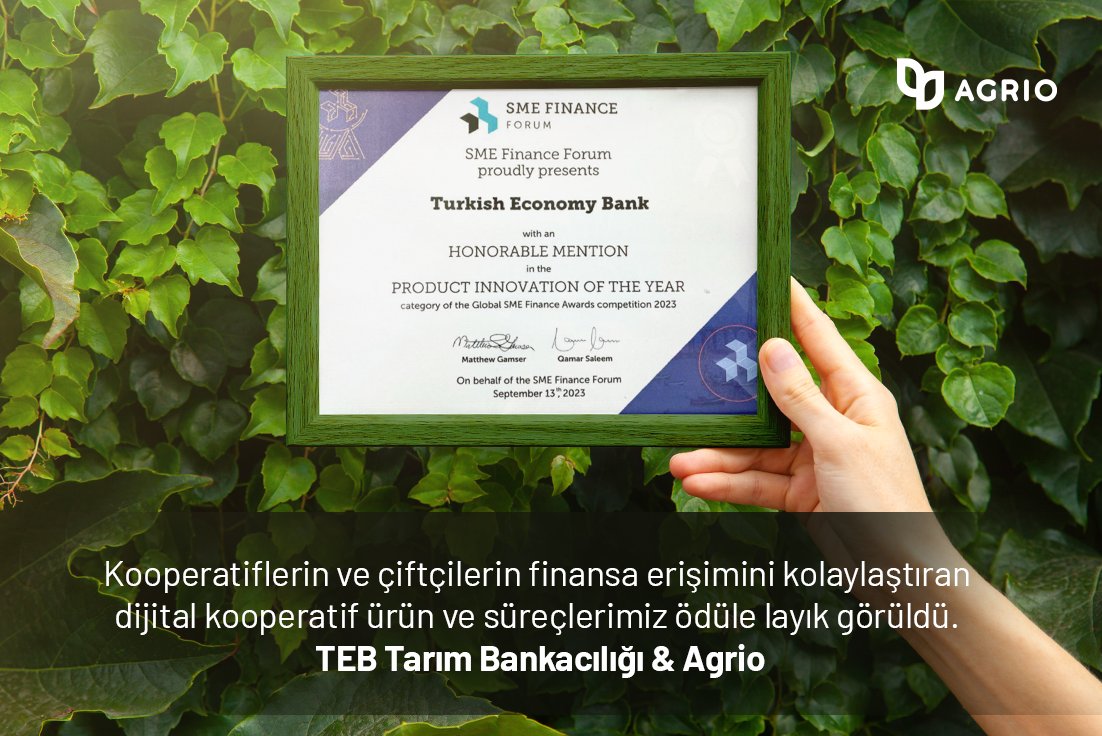 🎉Kooperatiflerin ve çiftçilerin finansa erişimini kolaylaştıran ve TEB Tarım Bankacılığı işbirliğimiz ile sahada karşılık bulan dijital kooperatif ürün ve süreçlerimiz, SME Finance Forum tarafından ödüle layık görüldü.

#tarımsalfinansman #inovasyon #çiftçi #kooperatif