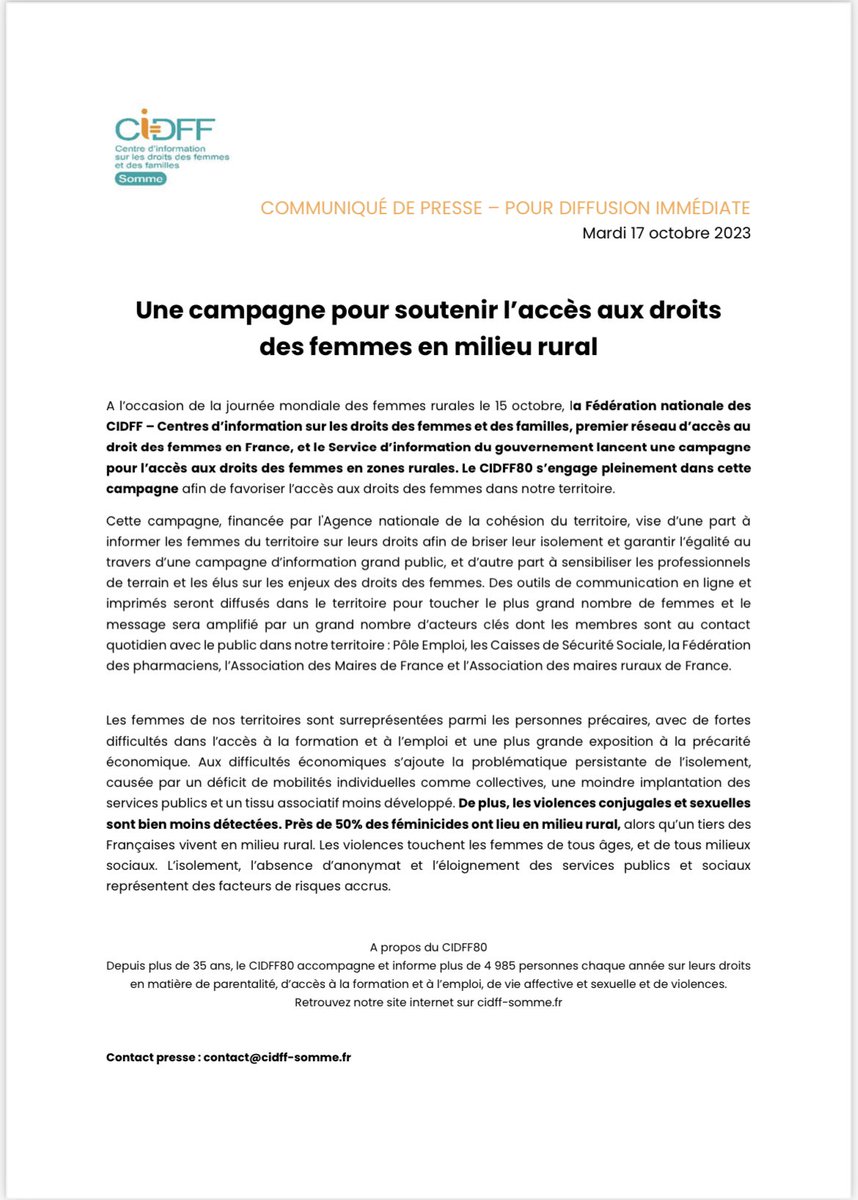 Cidff_Somme's tweet photo. La campagne « Femmes et Ruralité » a vocation à favoriser l’accès au droit des femmes vivant dans les territoires ruraux.

Action menée en lien avec la @FNCIDFF https://t.co/XGaaUGK4TB