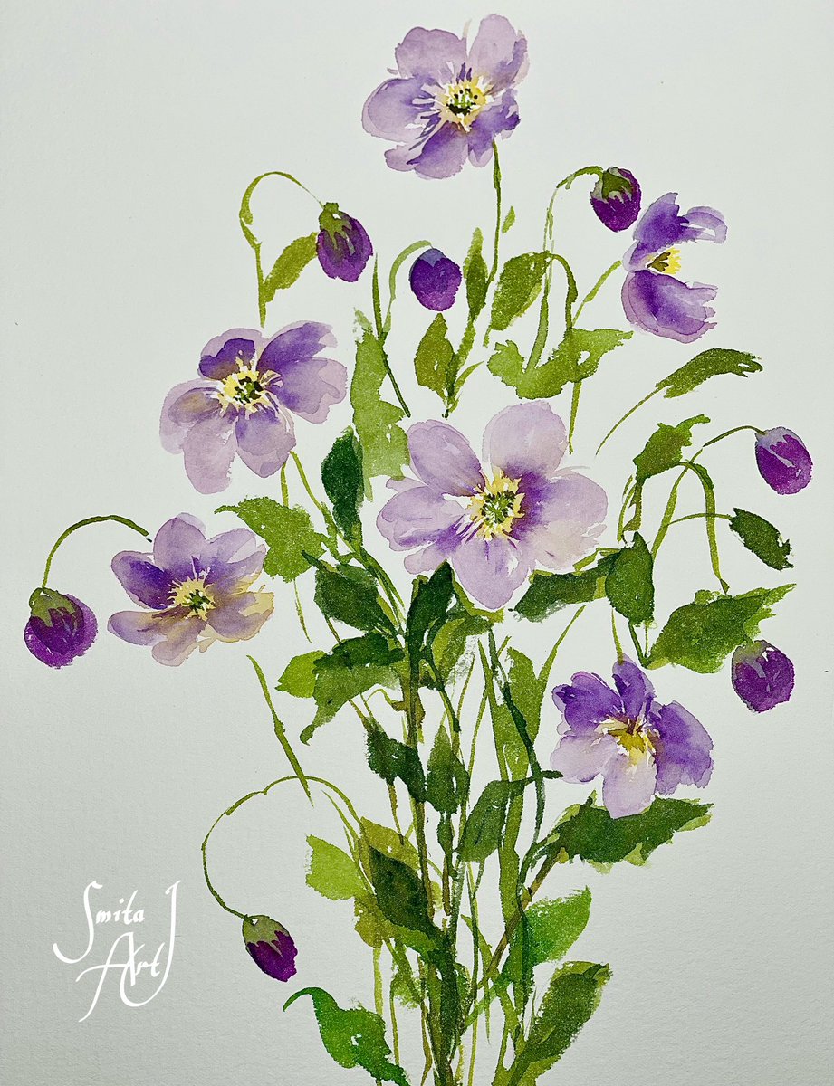 Violet anemones,
In shades of royal elegance,
Blossoms in suspense 🌸

#watercolorflorals #watercolor #floralart #floral #Autumn #October
