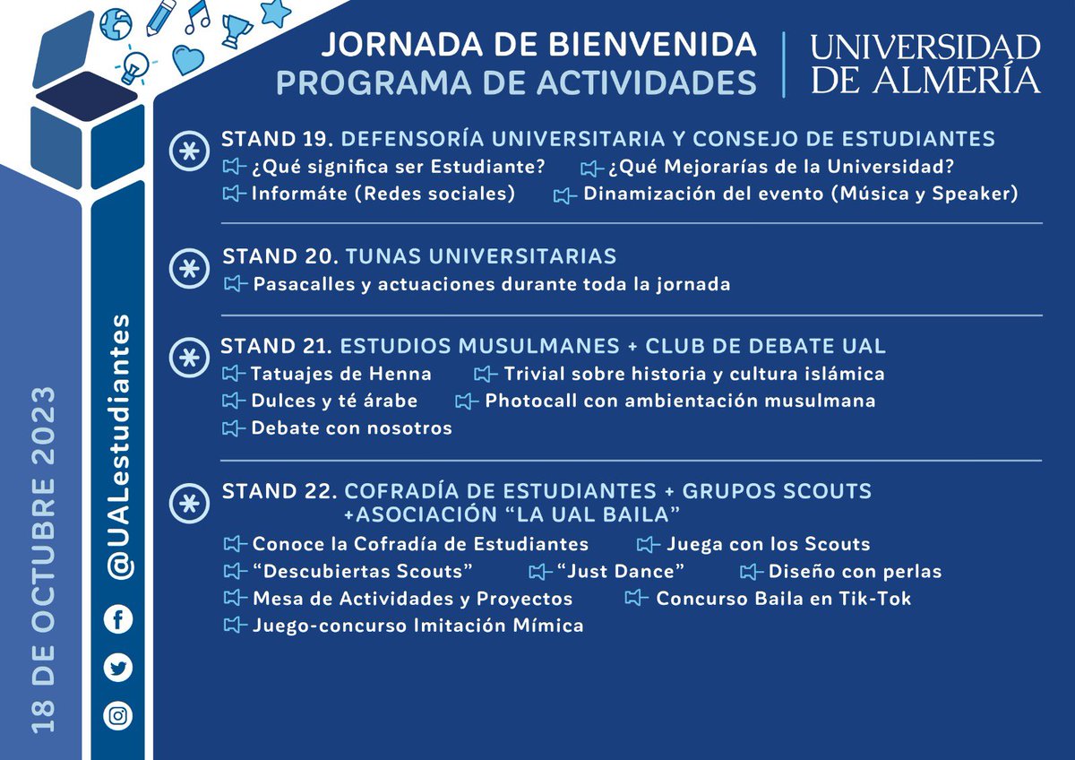 ¡Mañana la UAL celebra su JORNADA DE BIENVENIDA! 👏🏻

Consulta todas las actividades 📍 y los diferentes stands que podrás encontrar en el Pasillo Central de la UAL de 12 a 18h ✅

¡TE ESPERAMOS!

#soyual #UAL