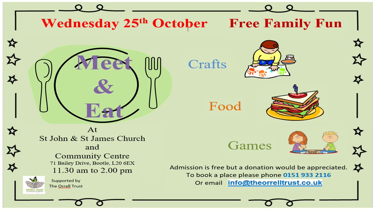 A free family fun day at St John & St James on Wednesday 25 October from 11:30am to 2pm. Lunch is included. Please call the community centre to book your free place 0151 933 2116.