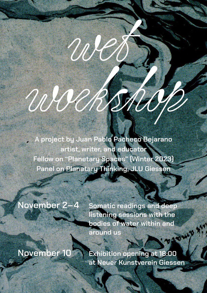 planetarypanel's tweet photo. 🌊Join Juan Pacheco's #PlanetarySpaces #WetWorkshop (Nov 2-4) to intra-act with #Giessen's bodies of water, @CoralBiodiv's #Ocean2100 aquarium &amp; transform these sensations into #PerformanceArt with @kunstbody's students! #jlugiessen #transdisciplinary 
https://t.co/S2Pnm0KjrK https://t.co/qjpSPcE895