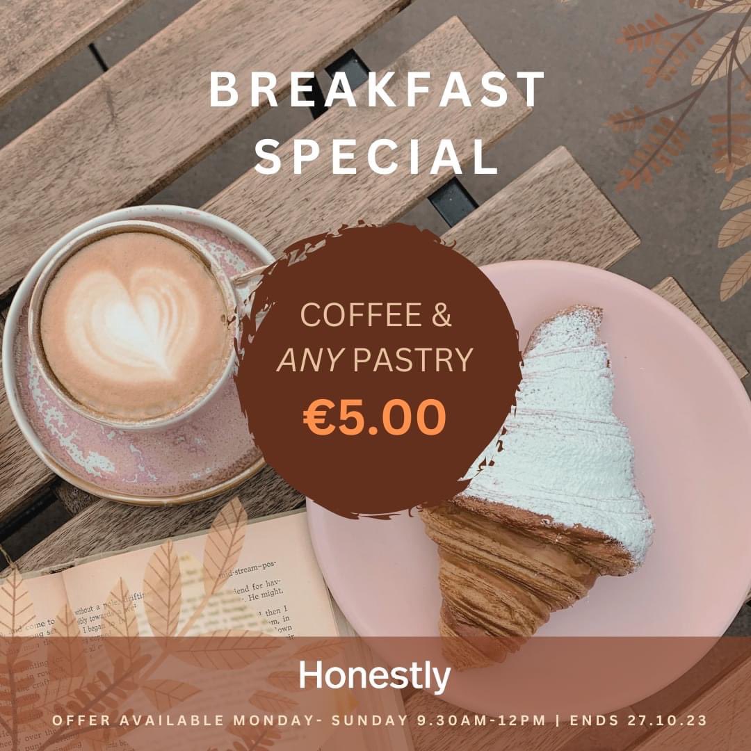 Enjoy a Coffee &amp; any pastry from <a href="/HonestlyKitchen/">Honestly Farm Kitchen</a> artisan Carraig Rua bakery for just €5 for a limited time only! 

Offer valid from 9AM - 12PM Monday-Sunday in Strandhill #choosesligo #sligo