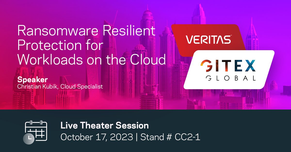Starting now—Join Christian Kubik, Veritas Cloud Specialist, at #GITEXGLOBAL stand CC2-1 to discuss how to bolster #CyberResiliency for #Cloud workloads.