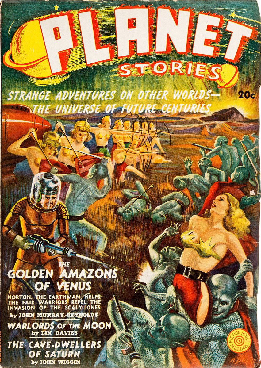 ‘The Golden Amazons of Venus: Norton the Earthman helps the fair warriors repel the invasion of the Scaly Ones’ Thanks @Wikipedia for today’s featured article: an insane celebration of Venus in sci-fi, replete with this classic pulp fiction cover of Planet Stories from 1939