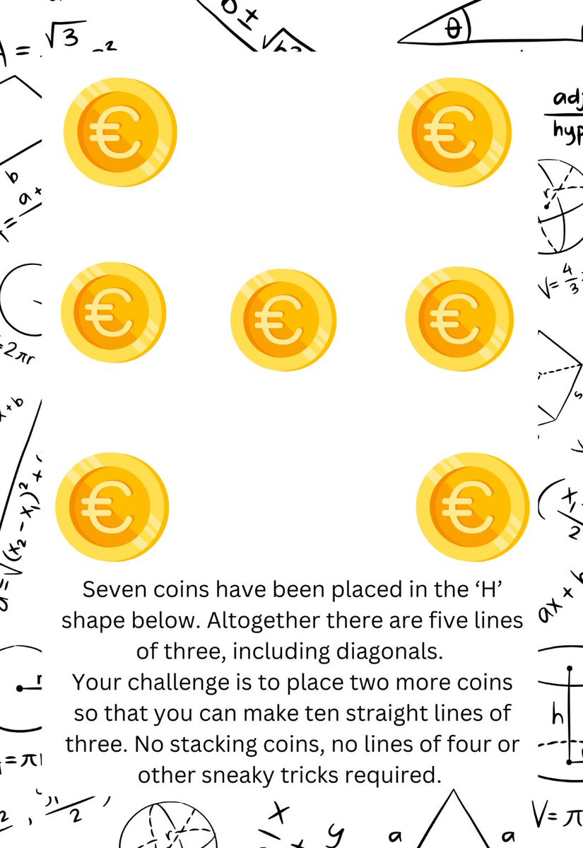 @colmhuirecoed Maths Week: Challenge 2. Can you add 2 coins to make 10 straight lines? Remember to think outside the box.  Please upload your solution to the maths challenge classroom before 9pm. Good Luck! #etbethos #excellenceineducation #community @mathsweek @TipperaryETB