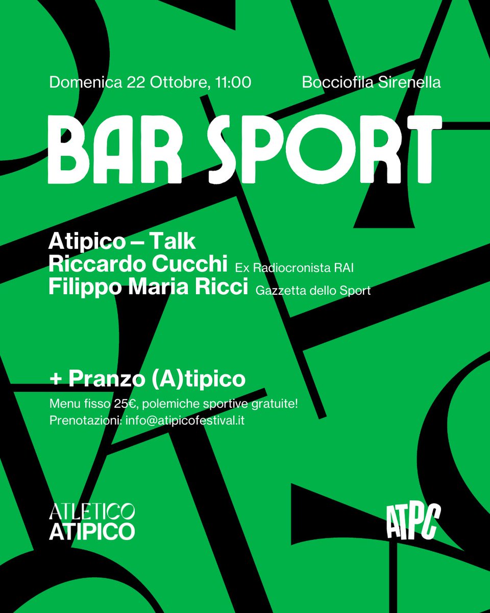 Domenica 22 Ottobre 2023
Bocciofila La Sirenella, Modena
— ore 11:00: BAR SPORT, Intervista a
<a href="/CucchiRiccardo/">riccardo cucchi</a> (Ex radiocronista RAI)
e <a href="/FilippoMariaRi1/">Filippo Maria Ricci</a> (Gazzetta dello Sport)
— ore 13:00 Pranzo (A)tipico!
per prenotazioni: info@atipicofestival.it