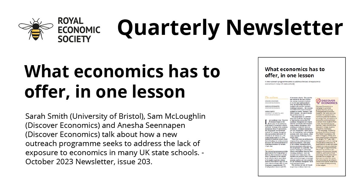 RoyalEconSoc's tweet photo. 📰Read the latest article by @DiscoverEcon in the October 2023 #RESNewsletter, issue 203. Talking about ‘What economics has to offer, in one lesson’. 

Read here👉https://t.co/ghmVjqPud0

#EconTwitter #RESmembers #schools https://t.co/GxEW2pz8gn
