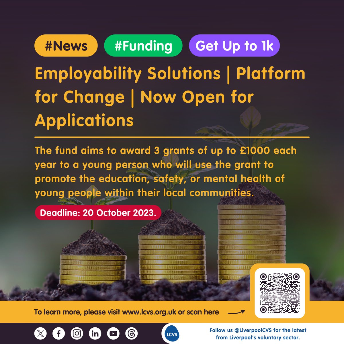 💰#Funding | The Platform for Change legacy fund is closing this week. Have you applied yet?

🔔The goal of the fund is to empower young people to make positive changes in their local community and create a safer community

🔗lcvs.org.uk/employability-… <a href="/SoniaBassey1/">Sonia Bassey MBE, FLJMU #IStandWithFionaDonohoe</a> <a href="/empsolneet/">Employability Solutions</a>