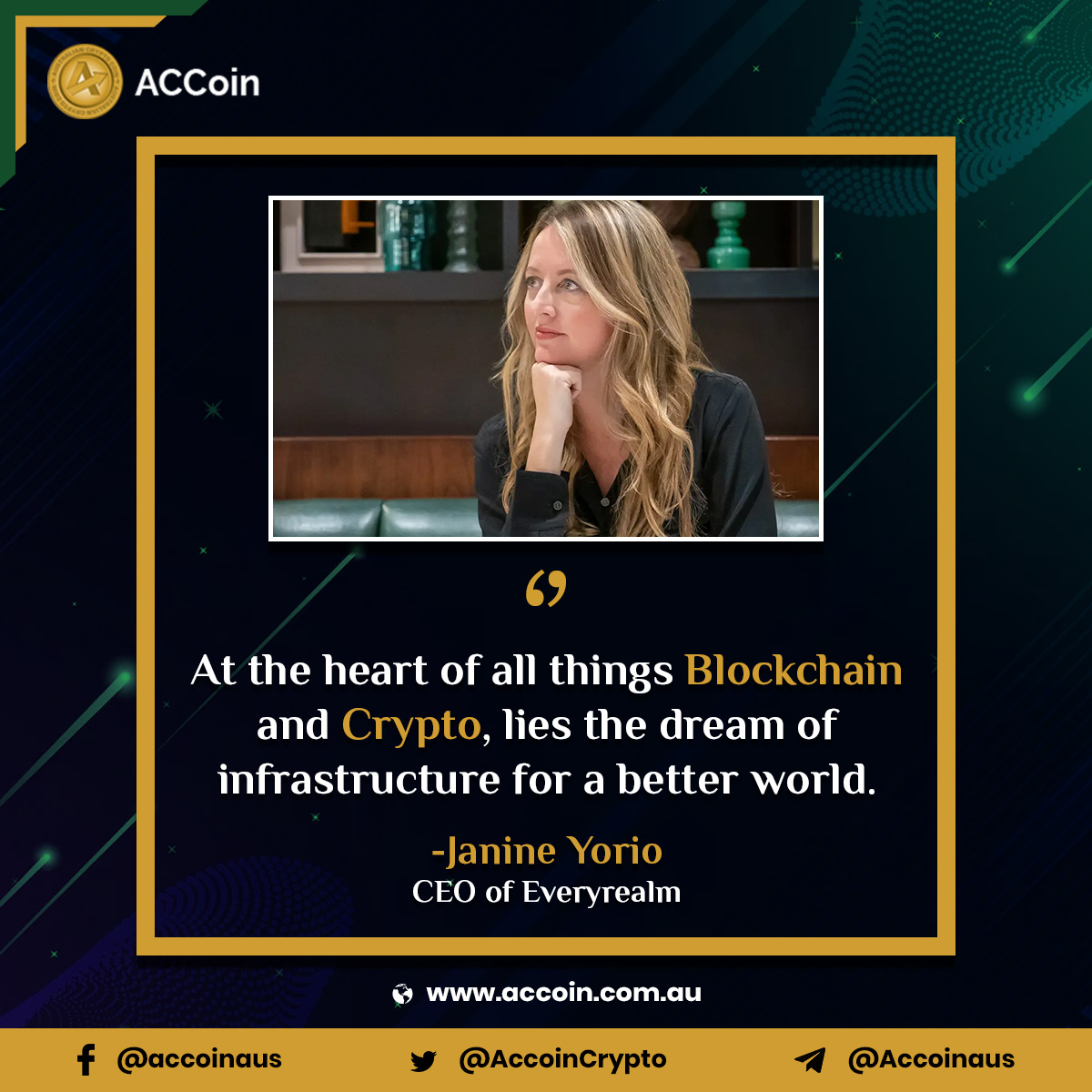 AccoinCrypto's tweet photo. At the heart of all things #Blockchain &amp; #Crypto, lies the dream of #infrastructure for a better world

 #JanineYorio, CEO of #Everyrealm

Buy #ACCG Now
https://t.co/YGxZeSDsBW

#CoinStore #fintech #cryptocurrency #TradingPair #tokenwrapping #USDT #Cryptocurrency #Invest #BTCETF https://t.co/zpik8mFSpc