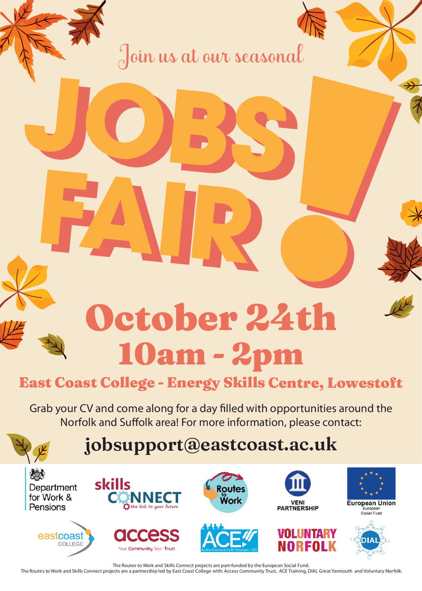 Just one week to go until the Seasonal Jobs Fair begins!

From care work to photography, we have all kinds of opportunities waiting for you on the 24th, so don't miss out!

#jobsfair #lowestoft #events #suffolk #norfolk