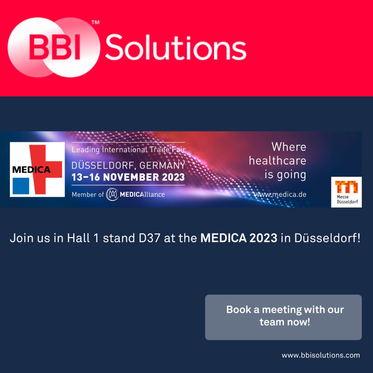 bbi_solutions's tweet image. BBI Solutions is happy to announce we will be attending #MEDICA2023 in Düsseldorf, Germany. 

If you&apos;d like to meet with our team, you can book a meeting here  - loom.ly/nG7YdX0

We&apos;re looking forward to seeing you all there.