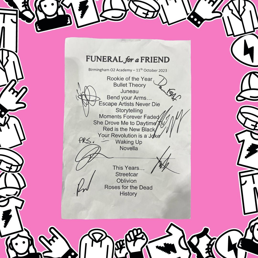 NEW AUCTION ITEM! We're stoked to share that we have added a signed @ffaf_official drum skin and setlist from their recent 20 Years Casually Dressed Tour! Bid now at buff.ly/46txOM6 #metalforgood #metalmerchday #charity #auction