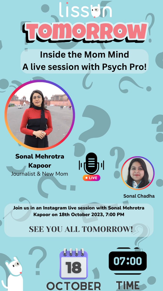 The day is tomorrow!🫡 Join us in a live session on Instagram with @Sonal_MK for an important conversation, on the topic Inside the Mom’s Mind: A Live Seesion with a Psych Pro!✨ Hope to see you tomorrow!🌺 #newmom #livesession #instagram #discussion #lissun #MentalHealth