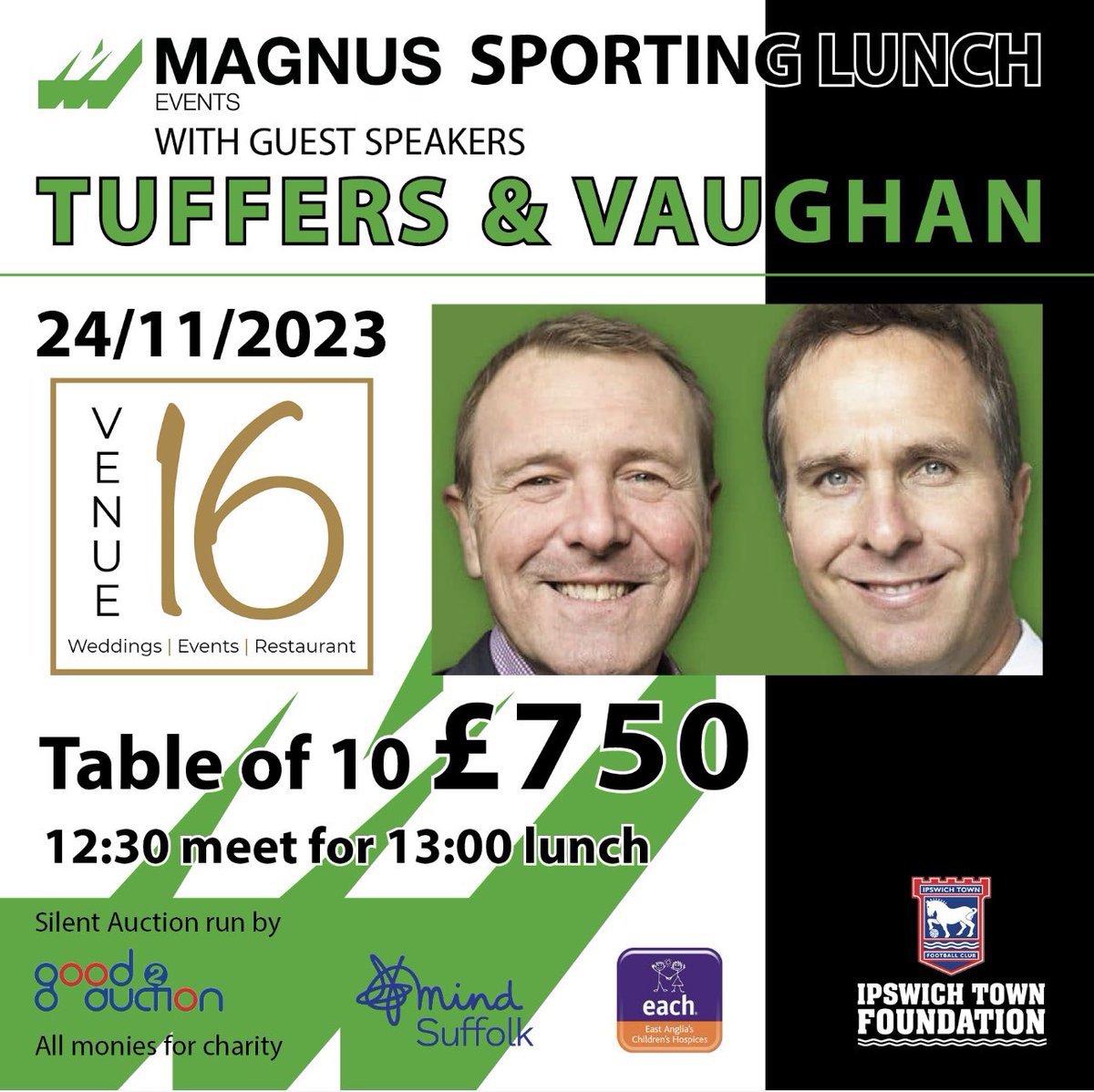 ollymagnus's tweet photo. Last couple of tables left for Tuffers and Vaughan at @venue16ipswich Nov 24th

Some open tables so if you just want a couple of tickets on a shared table then no problem 👍

Send me a DM if you want to join what’s always a great day @SuffolkMind @ITFCFoundation @EACH_hospices https://t.co/tYf3J8DIgS