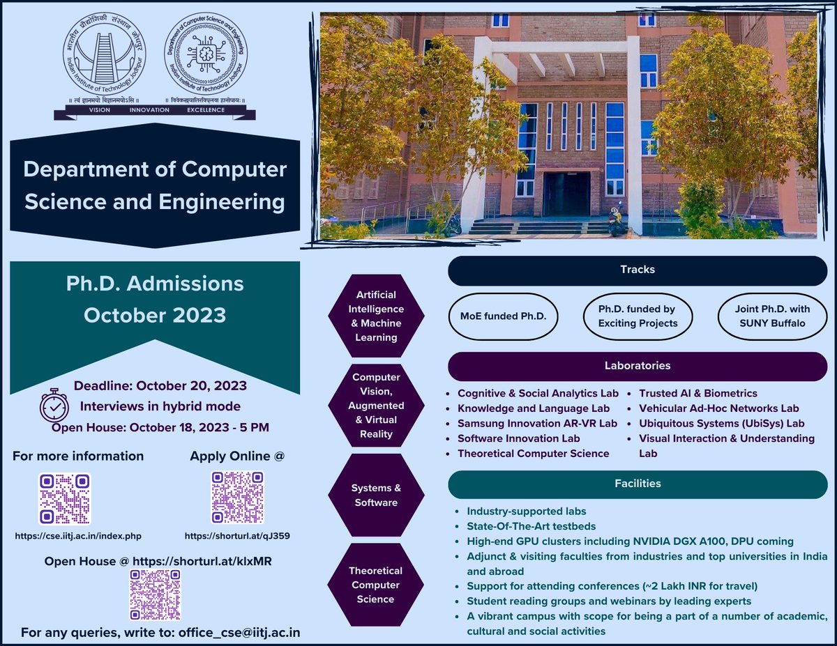 CSEIITJ1's tweet image. @CSEIITJ1   invites PhD applications from curious, passionate individuals - who desire to find answers to pressing problems.

Details of application can be found in the attached brochure.

Connect with us on October 18, 5:00PM (Details on Brochure)

#iitjodhpur #cseiitjodhpur